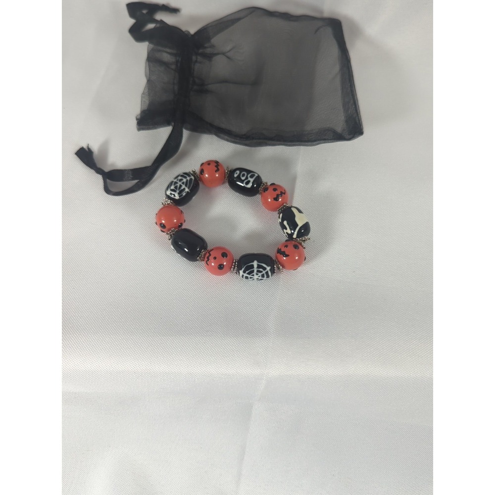 Homemade Halloween Bracelet Glass Beads Cats Spider Webs Boo Jack O Lanterns